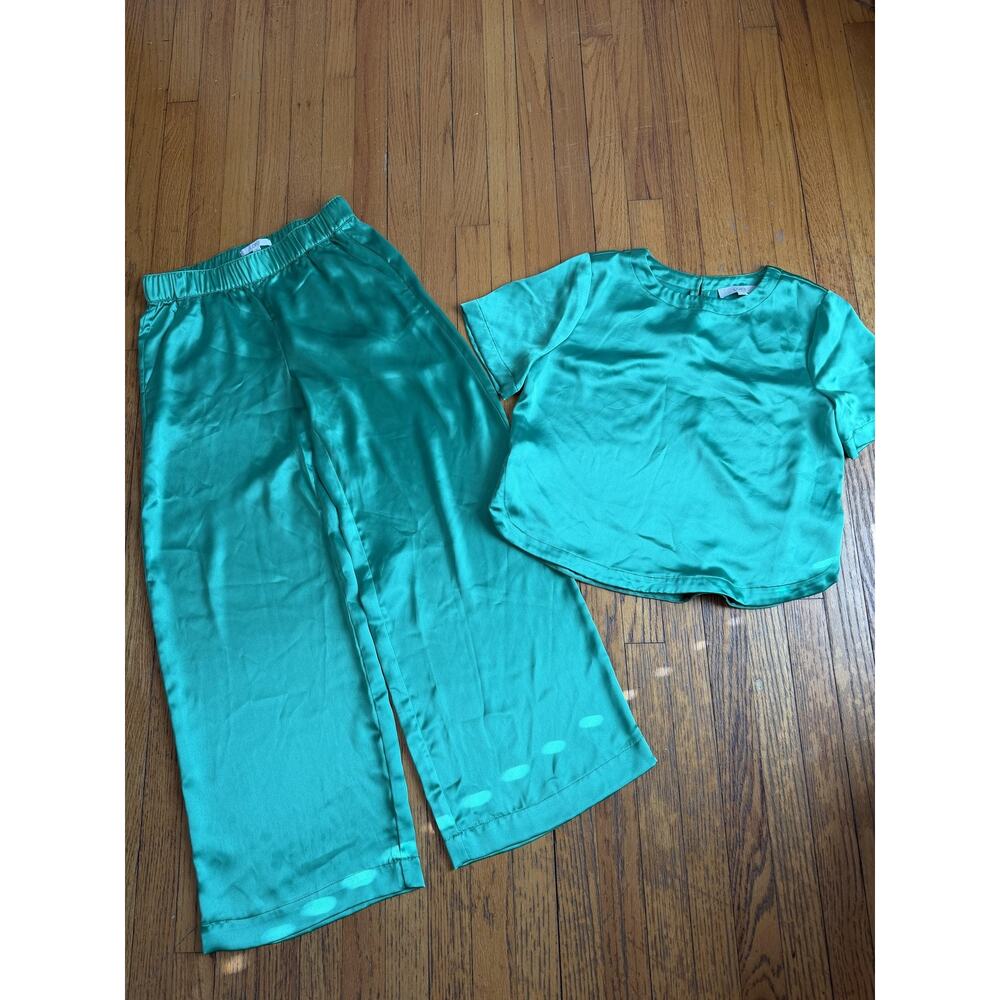 LOFT 2 Piece Set Womens Small Green Satin Top Wide Leg Pants Lounge Outfit